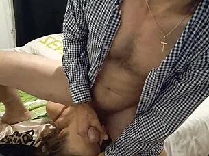 She bends over in rose satin panties for a quick doggystyle fuck with dirty french talk and ass licking.