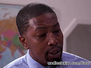 horny redhead student casually sucks and fucks her black teacher while showing off that hairy pussy in wild interracial action.