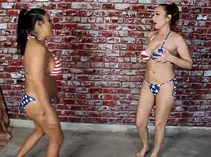 Oh, topless lesbians with big tits Nyssa Nevers dominating in lingerie!