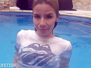 rock style wet ashley rose shows skinny blonde ass and natural tits by pool