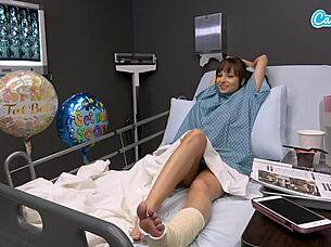 oh horny big tits milf can i masturbate on hospital bed and give stranger handjob with cum on tits?