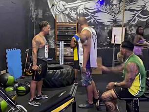 This amateur Latina babe enjoys intense action with friends at the gym.