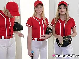 cheeky baseball babes whip out coaches bat for suck & fuck fun with blonde small tits teen riding cowgirl