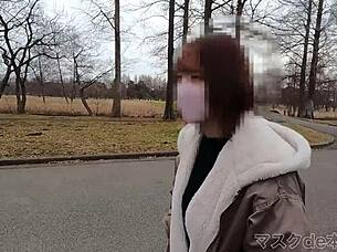 Amateur Japanese Babe with Big Tits Gives Outdoor Blowjob in Intriguing Boobs Display