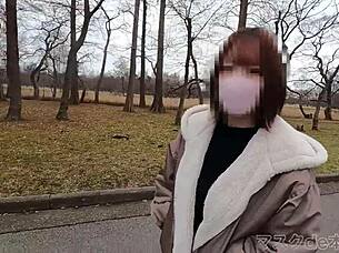 Amateur Japanese Babe with Big Tits Gives Outdoor Blowjob in Intriguing Boobs Display