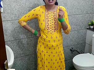 Indian woman gets fucked doggystyle with dirty talk and creampie in bathroom close up