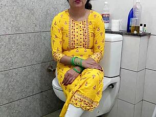 Indian woman gets fucked doggystyle with dirty talk and creampie in bathroom close up