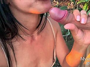 so i flashed and sucked my ex boyfriend on the trail then let him fuck me hard as his curvy british girlfriend watched