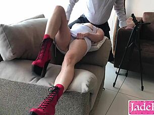 Boss interacts with his attractive secretary in an intense office encounter.