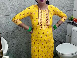 Indian woman gets fucked doggystyle with dirty talk and creampie in bathroom close up