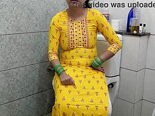 Indian woman gets fucked doggystyle with dirty talk and creampie in bathroom close up