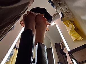 hidden camera captures hot blonde trying sexy clothes in public dressing room revealing naked body