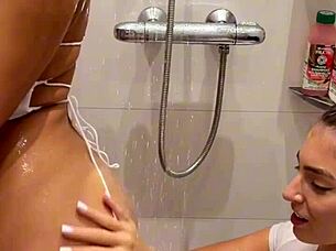 Watch this lesbian shower turn into sloppy double blowjob with huge facial and cum swap in pov!