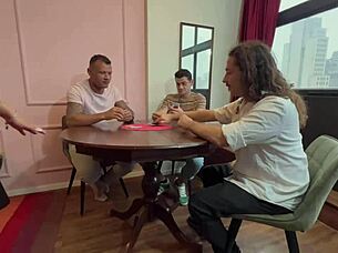 Casada fogosa interrupts card game to fuck players in homemade orgy with blowjob, doggystyle, and cunilingus.