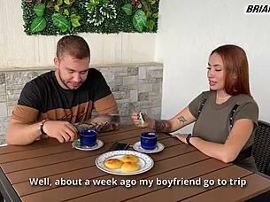 Your pierced redhead friend serves coffee with big ass, pink pussy, and blowjob.