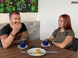 Your pierced redhead friend serves coffee with big ass, pink pussy, and blowjob.