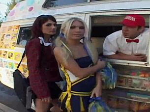 Watch these cheer leaders fuck the ice cream guy hard!