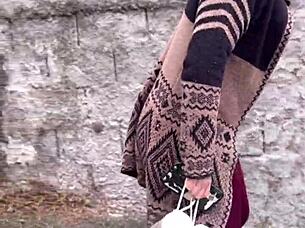 hey, the small-waist beauty with brown eyes heads up the street feeling excited outdoors