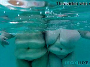 Busty BBW Lexxxi Luxe and friend splash around in pool fun