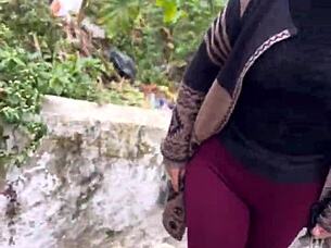 hey, the small-waist beauty with brown eyes heads up the street feeling excited outdoors