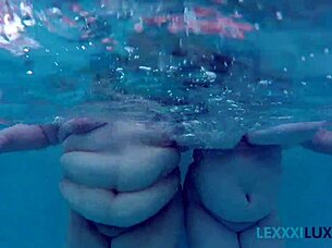 Busty BBW Lexxxi Luxe and friend splash around in pool fun