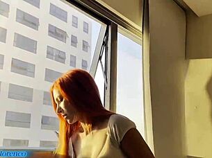 Boldly pounding the redhead prostitute's ass in see-through outfit until cumming inside