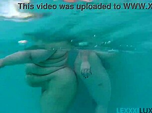 Busty BBW Lexxxi Luxe and friend splash around in pool fun