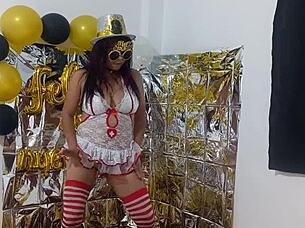 Amateur latina with big tits and big ass in lingerie flashes at wild party to seduce with cute petite body