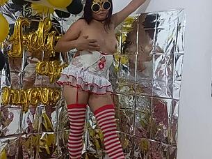 Amateur latina with big tits and big ass in lingerie flashes at wild party to seduce with cute petite body