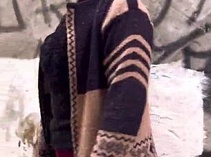 hey, the small-waist beauty with brown eyes heads up the street feeling excited outdoors