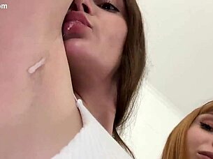 Two mistresses tease with armpit licks and spit-covered tits in dominating POV