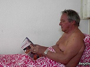 Do you think this naughty babe wants to ride that older guy in cowgirl on the bed?