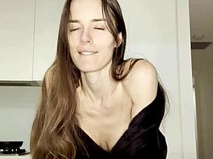 Orgasm hits in kitchen with dildo sucking and vibrator fucking for milf 🍆💦