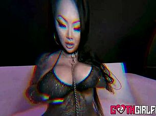 in a casual tale, the tattooed goth beauty connie perignon takes a rough cowgirl ride from her friend after giving a blowjob, her big tits bouncing wildly. lingerie and fishnets add to the intense domination.