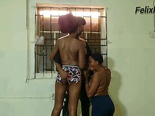 hot threesome action with teen girls in police cell getting wet and wild