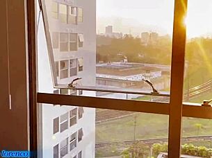 Boldly pounding the redhead prostitute's ass in see-through outfit until cumming inside