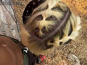 blonde milf takes tight pussy creampie in forest. curvy cougar squirts cumshot outdoors with pigtails.