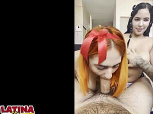 in this latina porn casting two busty sluts give an interracial blowjob to a huge white cock and get cum on tits