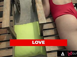 Blonde and brunette Russian cuties tease with dildos and rimjobs in a steamy lesbian threesome by the pool