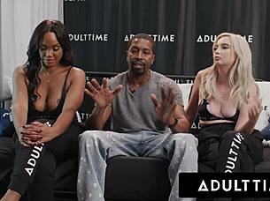 besties lexi lore and august skye eagerly share a huge monster cock in ffm threesome. they stack pussies while licking balls during rough face fucking podcast.