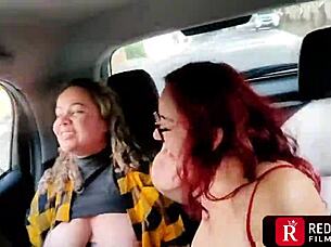 Thrilling car sex with two crazy women while everyone watches outside