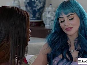 White babe with big tits shares intimate moment face sitting on ebony bff in interracial setting