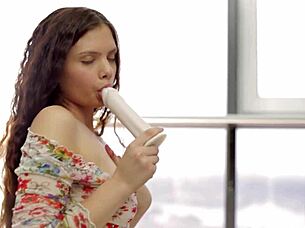 young russian babe peachy teases little titties and shaved pussy