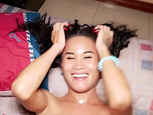 subtle thai ladyboy teases bareback anal with curly hair and toys