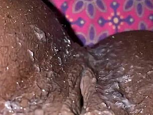 This ebony slut takes a massive creampie from a big black cock in her homemade squirting session.