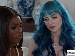 White babe with big tits shares intimate moment face sitting on ebony bff in interracial setting