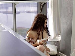 young russian babe peachy teases little titties and shaved pussy