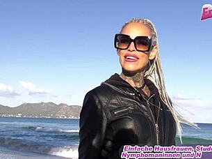 German blonde tattooed MILF vacationer picked up at beach for amateur outdoor POV casting session