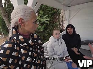 VIP4K scene where hot blonde with long hair gets FUCKED in threesome while boyfriend watches as cuckold.