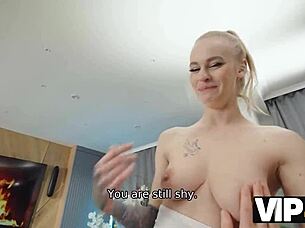 VIP4K scene where hot blonde with long hair gets FUCKED in threesome while boyfriend watches as cuckold.